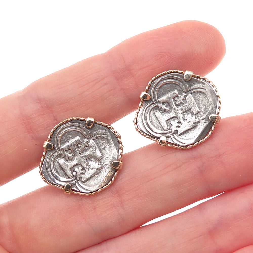 925 Sterling Silver 14K Gold Frame Vintage Cross Oxidized Cufflinks